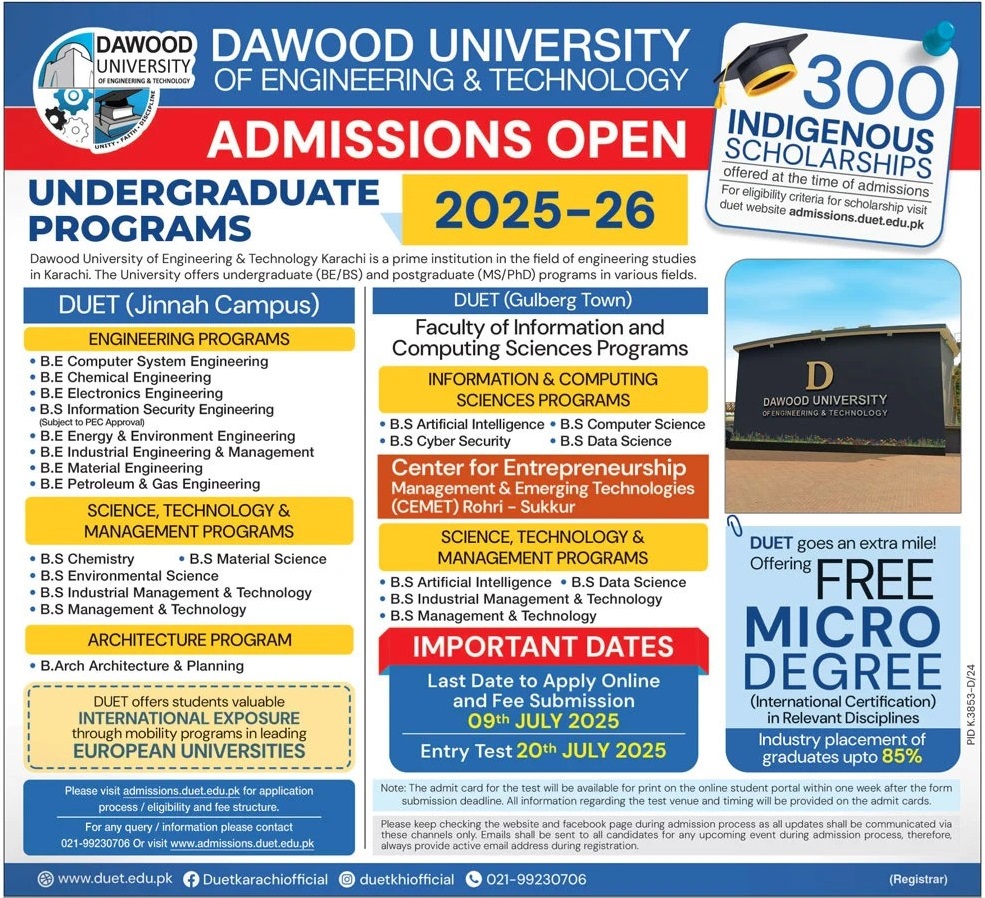 Admission Open in Dawood University of Engineering & Technology Karachi